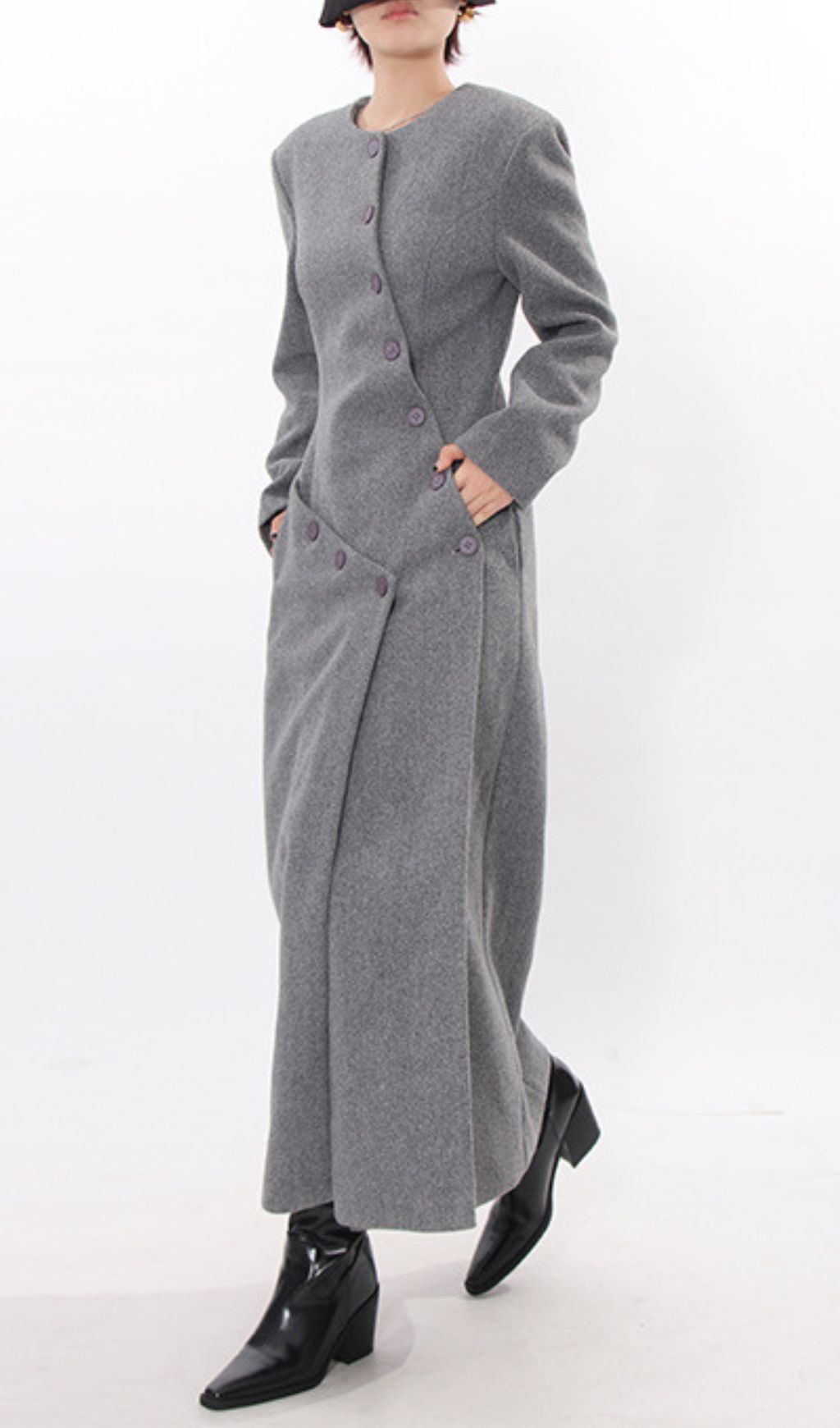Iekika Elegant Grey Maxi Coat - Chic Asymmetrical Purple Button Outerwear for Women
