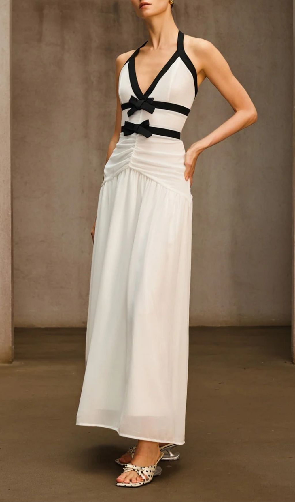 Ovelixor V Neck Bow Ruched Maxi Dress