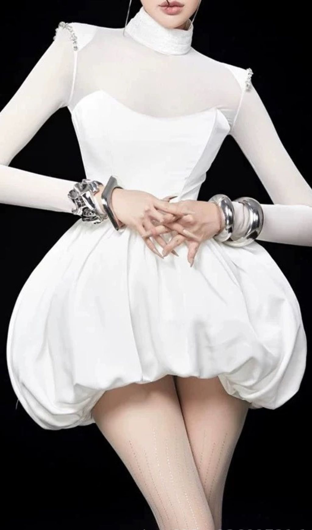 Jana Chic White Bubble Hem Mini Dress | Elegant Long Sleeve Party Dress