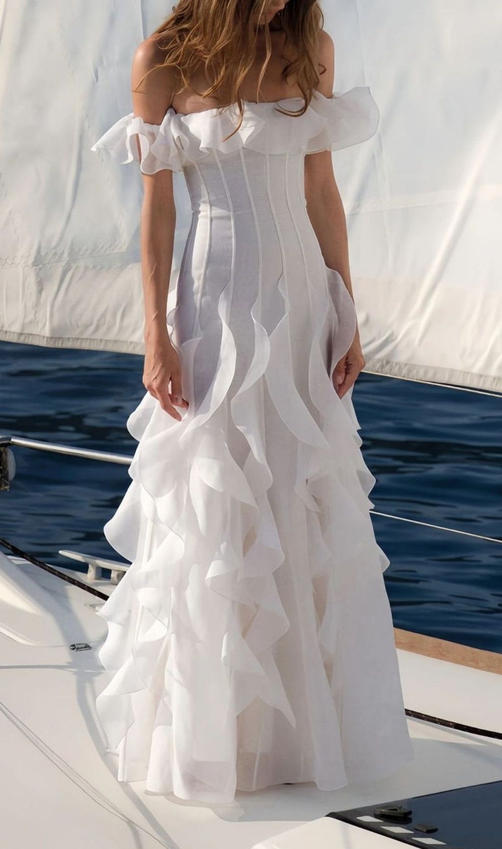 Angosto Ethereal Off-Shoulder Ruffle Maxi Dress - White