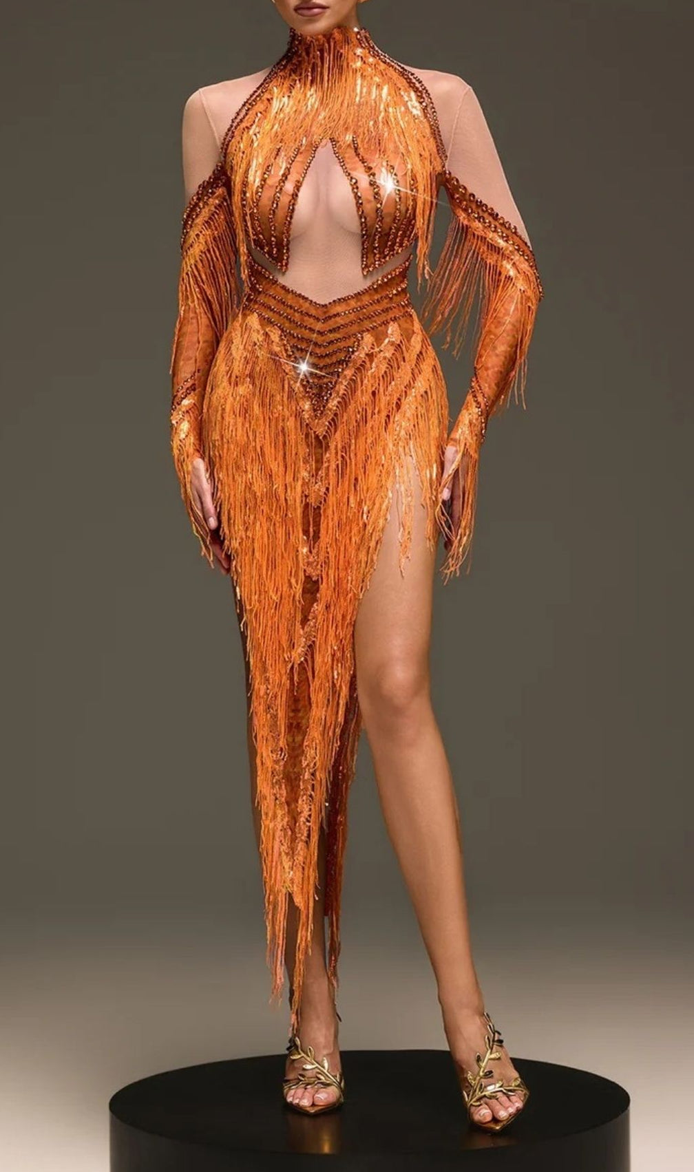 Ervanel Dazzling Fringe Sequin Gown with High Slit | Statement Party Dress