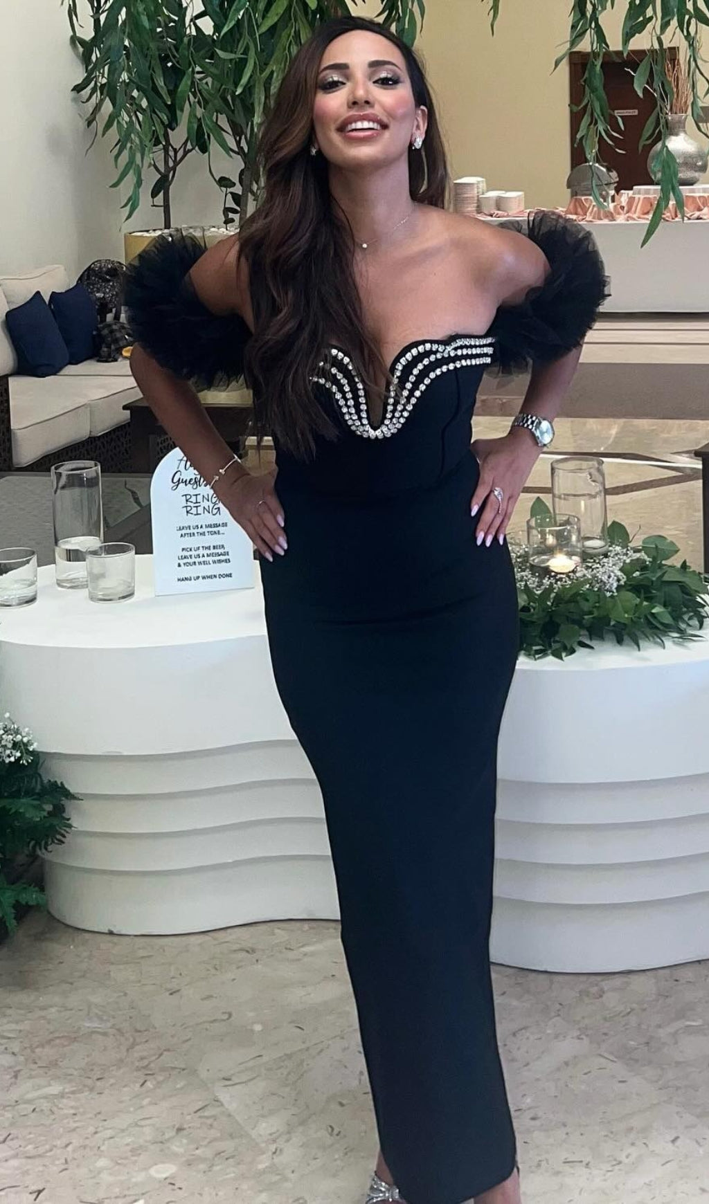 Cilicia Black Ruffle Crystal Maxi Bandage Dress