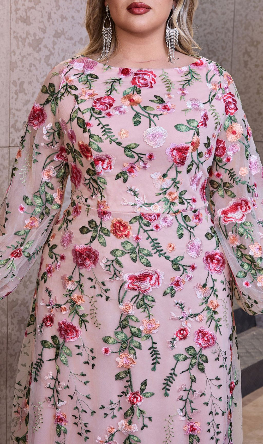 Helia Enchanting Floral Embroidered Plus Size Maxi Dress | Elegant Long Sleeve Gown