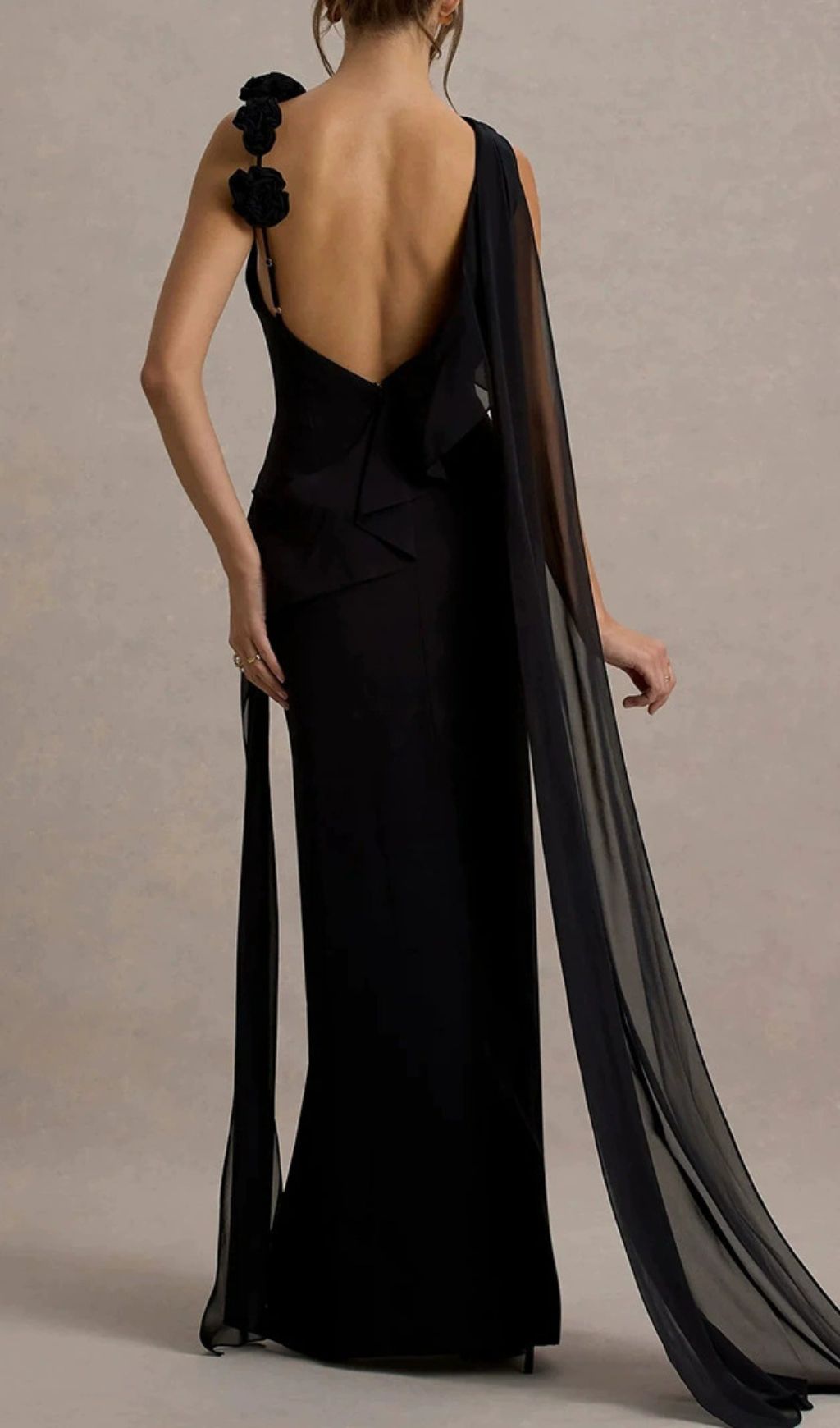 Ivette Black One-Shoulder Draped Maxi Gown with Floral Embellishment