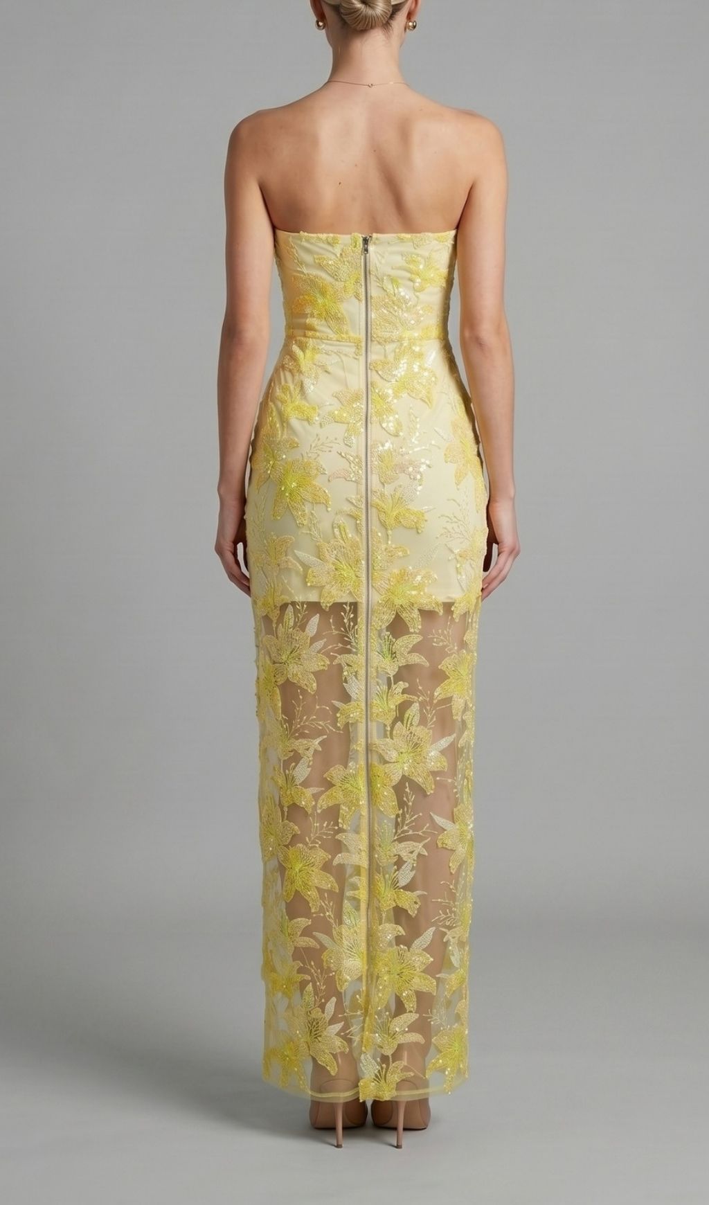 Kikuyo Yellow Strapless Sequin Floral Maxi Dress