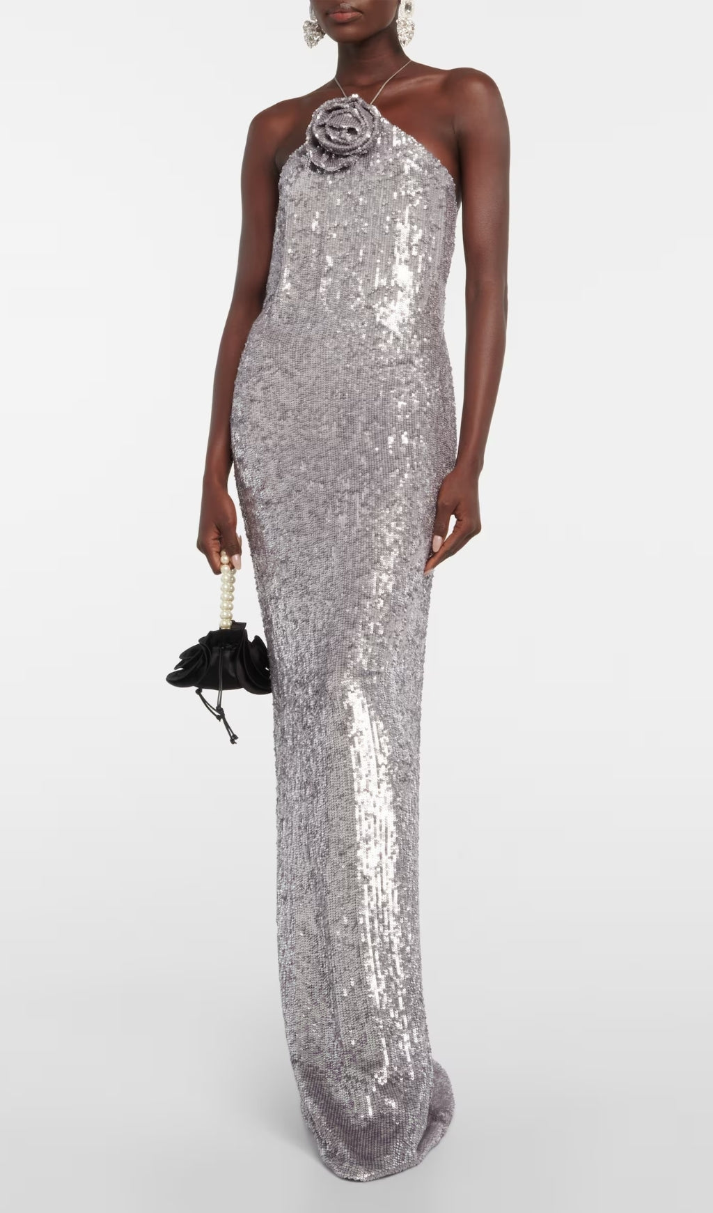 Betiana Silver Halter Flower Sequin Maxi Dress