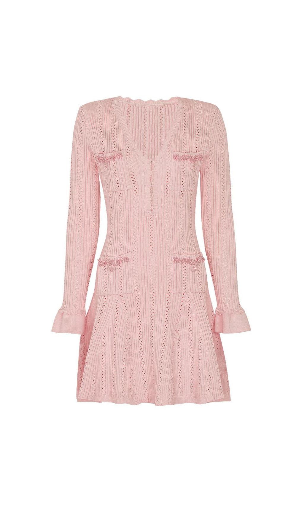 Elegant Pink Beaded Knit Mini Dress | Long Sleeve & Flattering Fit