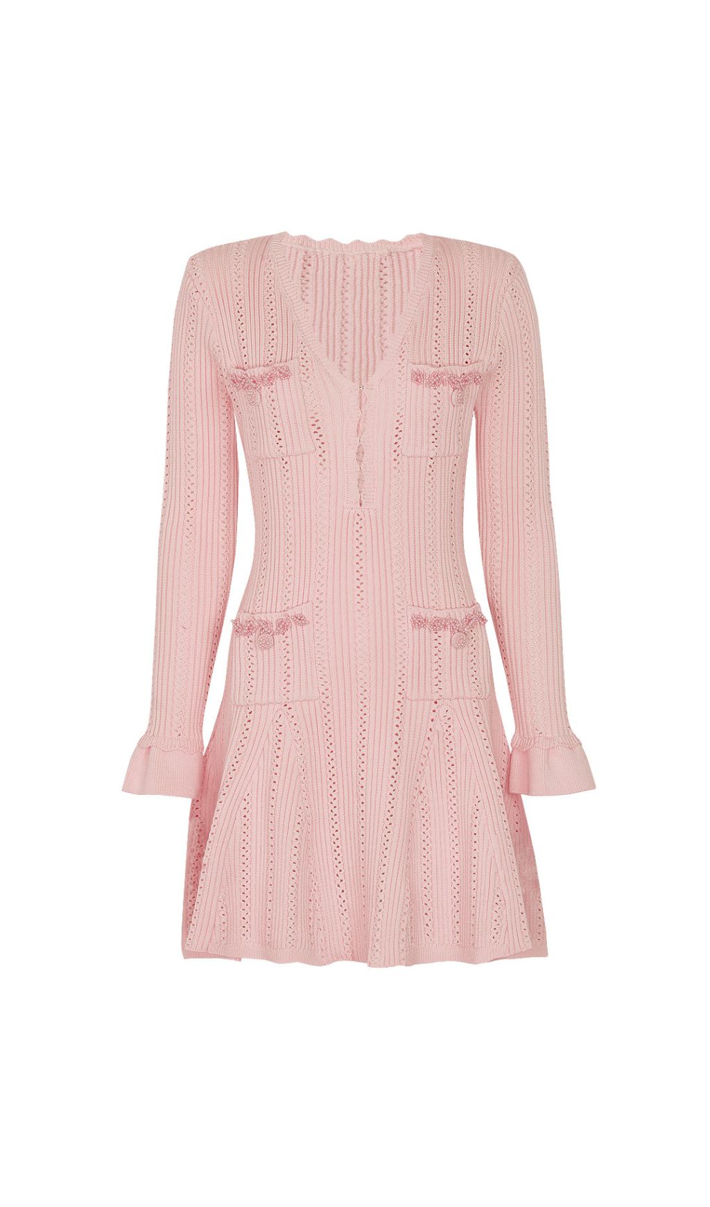 Elegant Pink Beaded Knit Mini Dress | Long Sleeve & Flattering Fit