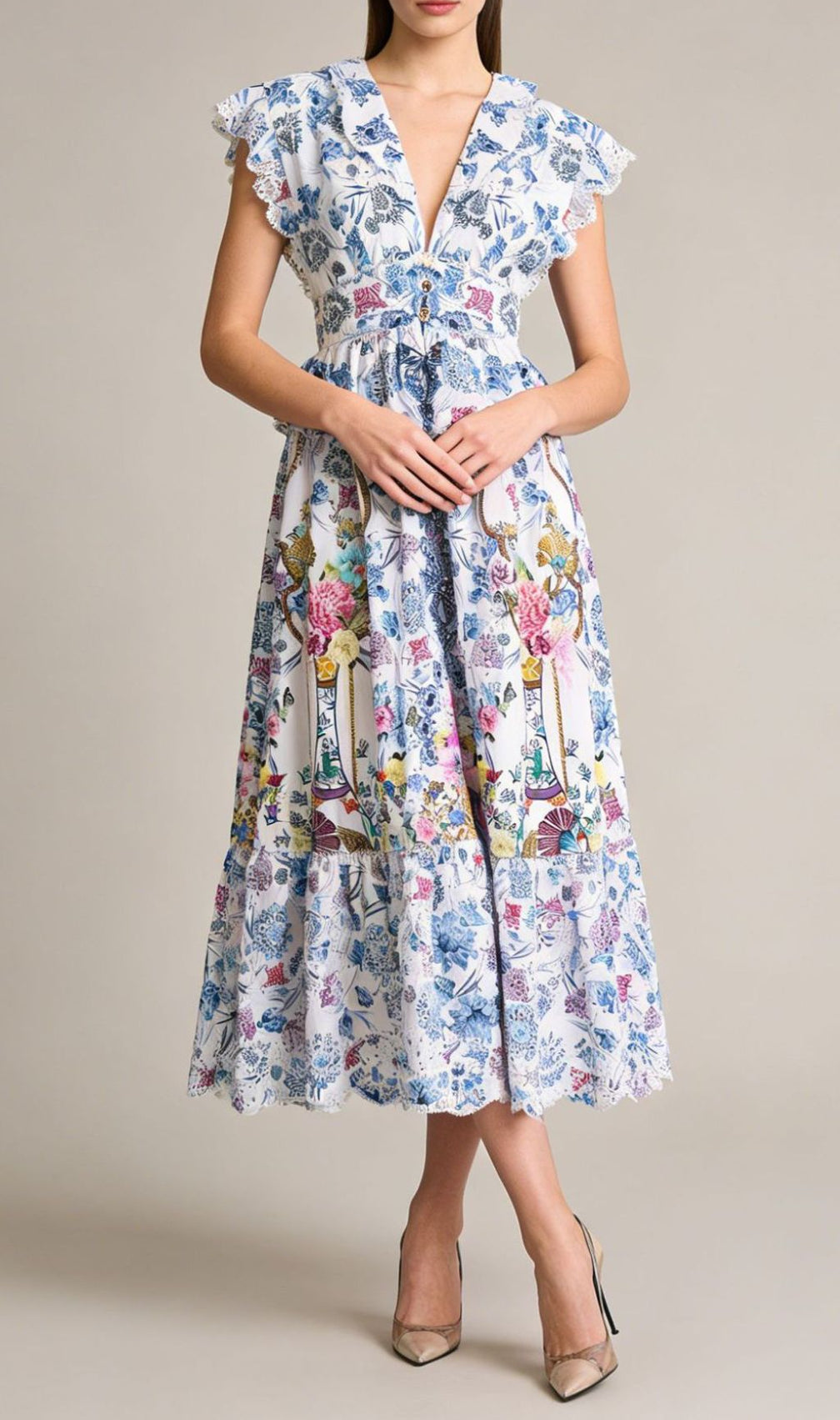 Jamiya Blue Floral Ruffle Midi Dress - Elegant Tiered Peplum Design