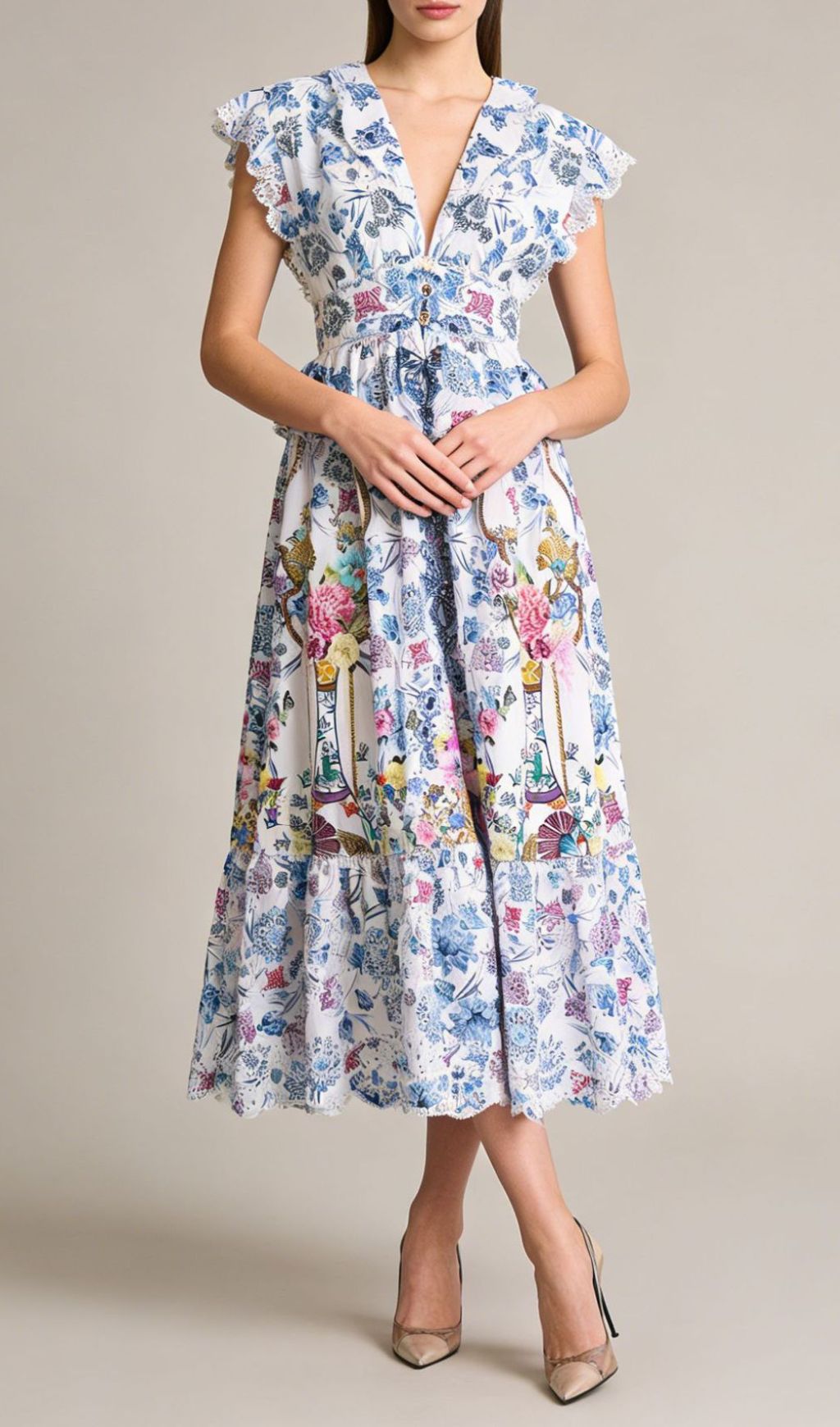 Jamiya Blue Floral Ruffle Midi Dress - Elegant Tiered Peplum Design