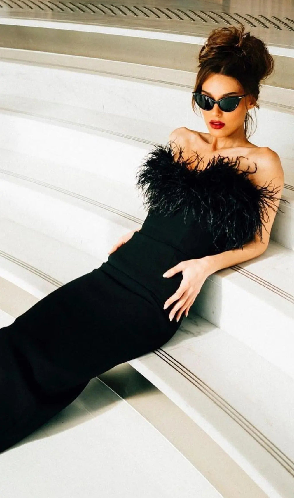Feather Bodycon Maxi Dress In Black