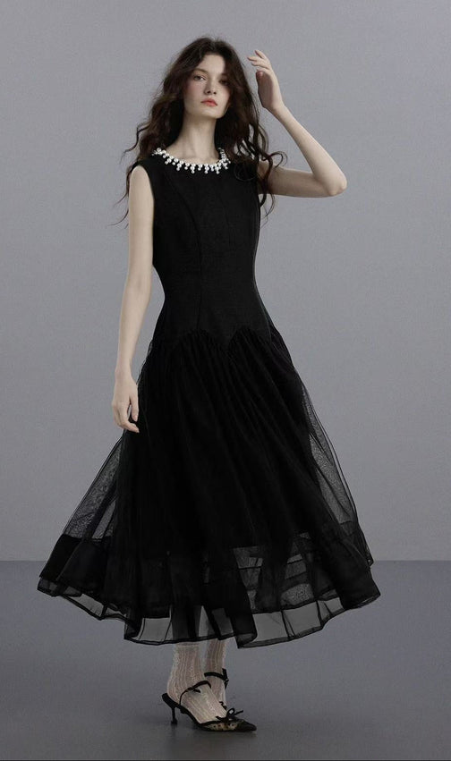 Sleeveless Midi Dress with Tulle Skirt and Pearl Embellished Collar - Black