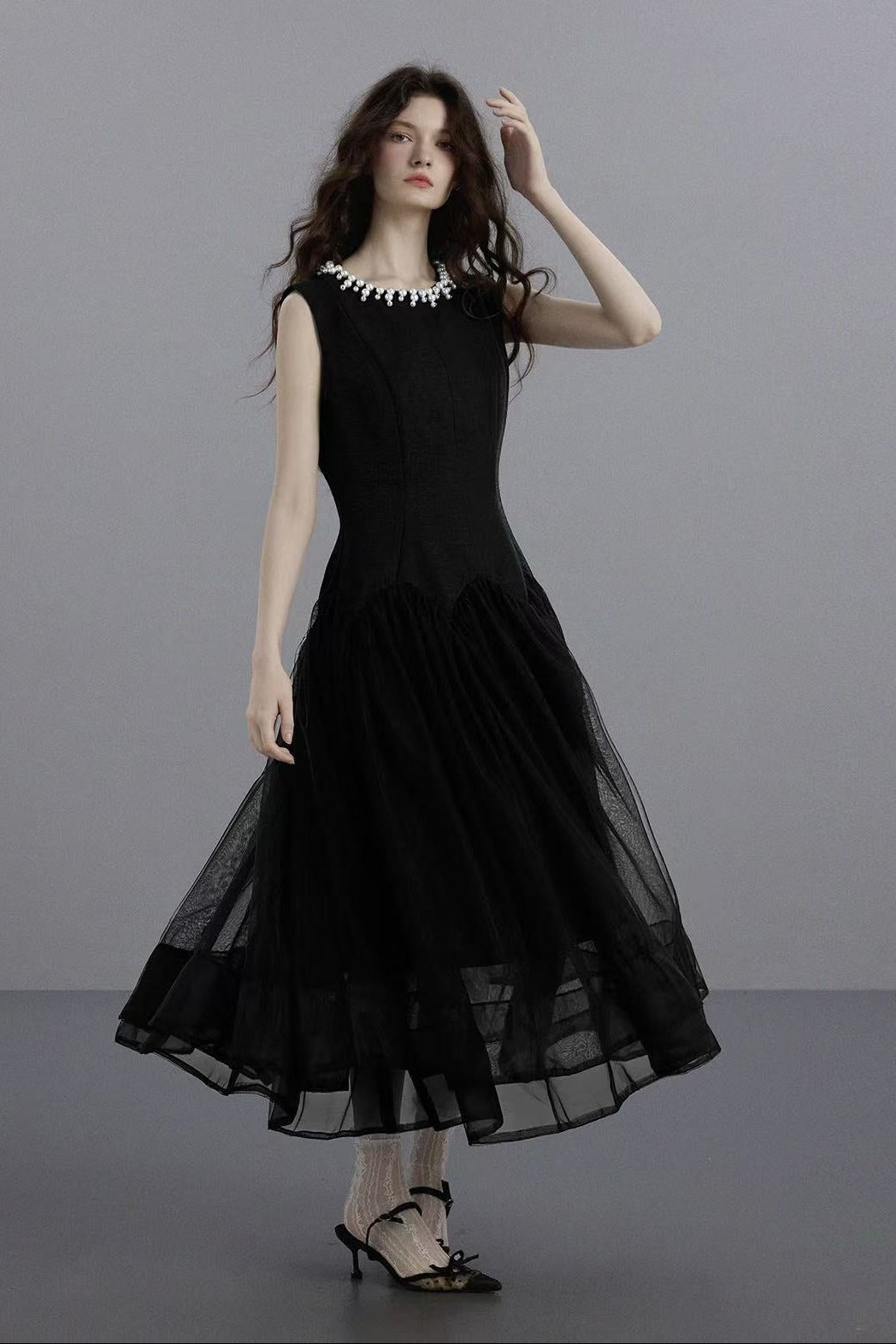 Sleeveless Midi Dress with Tulle Skirt and Pearl Embellished Collar - Black