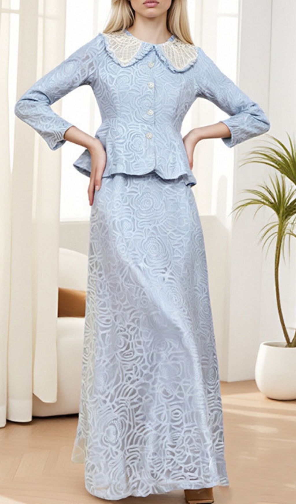 Ilona Blue Elegant Floral Lace Peplum Two-Piece Skirt Set