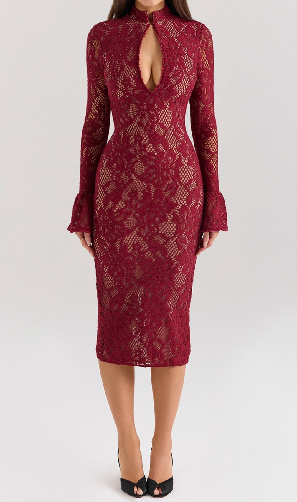 Cayman Red Lace Long Sleeve Midi Dress