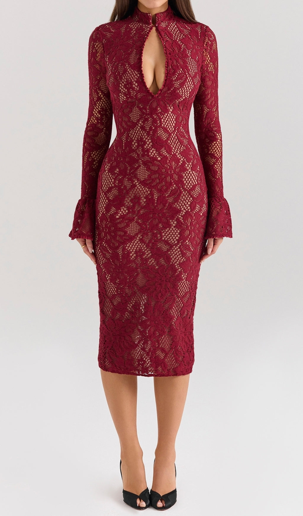 Cayman Red Lace Long Sleeve Midi Dress