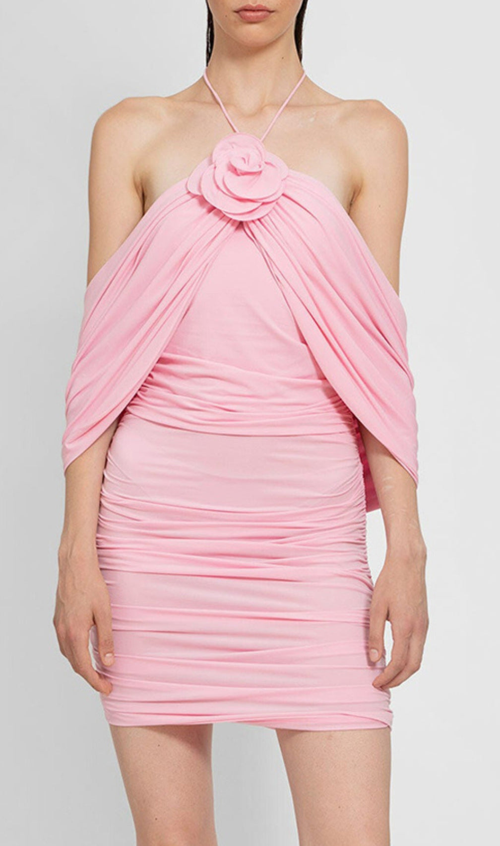 Brick Pink Halter Flower Draped Mini Dress