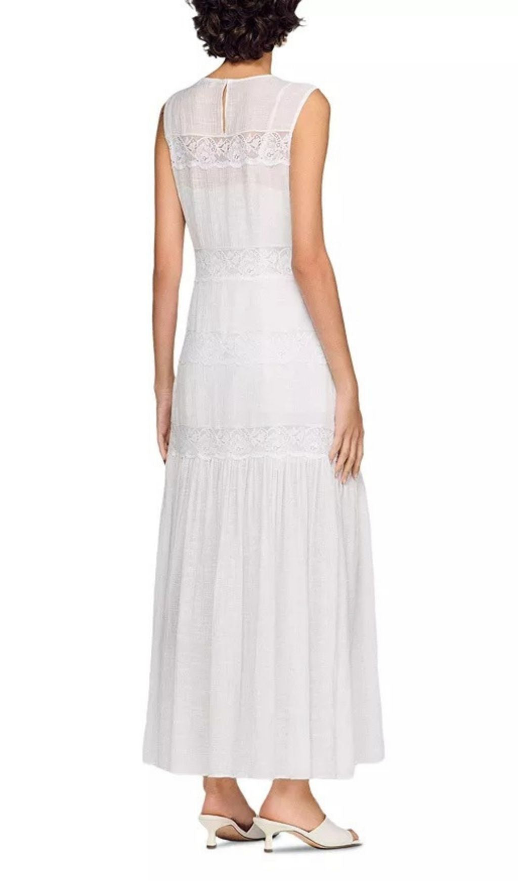 Summer Elegance: White Crepon Maxi Dress with Delicate Lace Trim