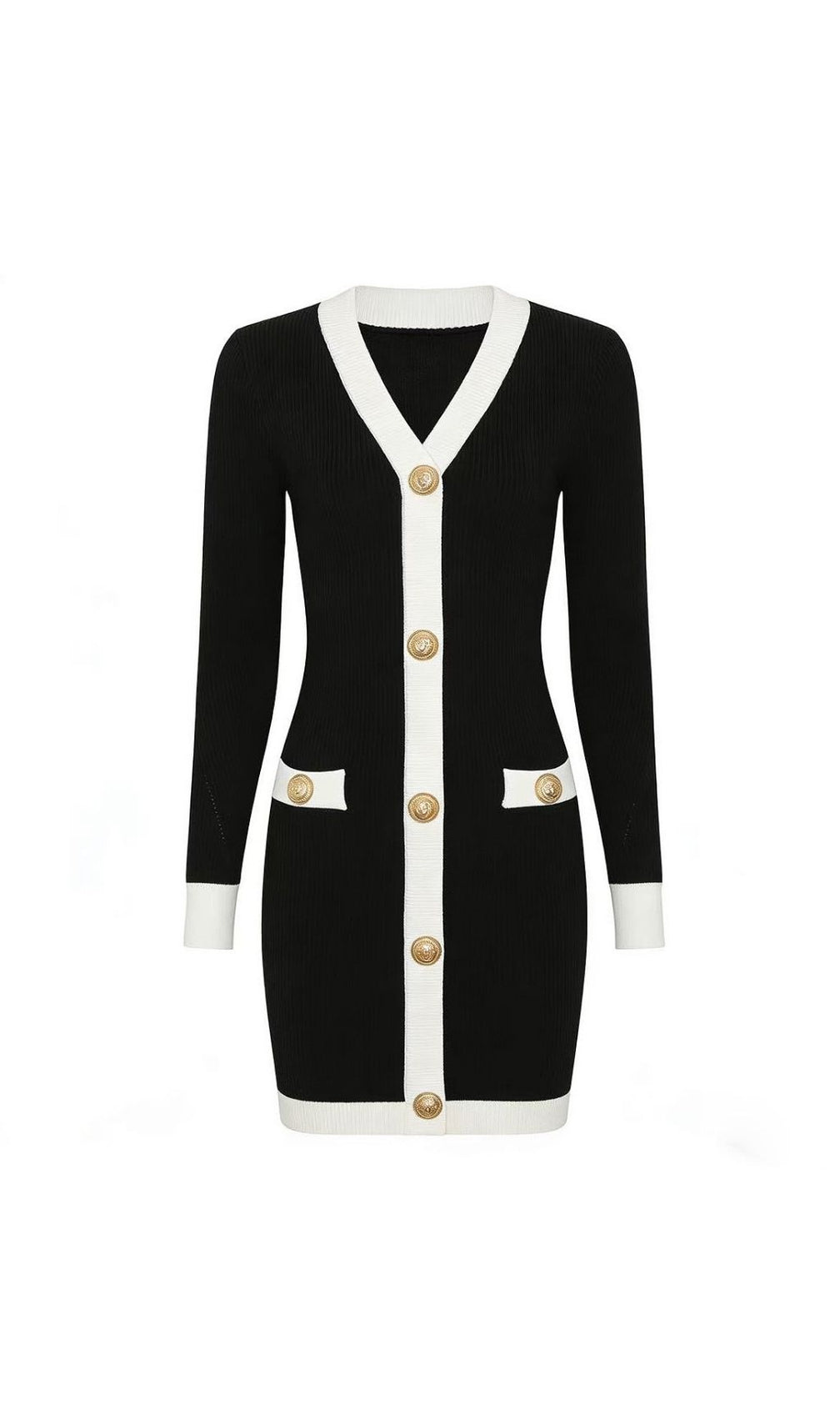 Kavita Chic Ribbed Knit Mini Dress with Gold Buttons & Contrast Trim