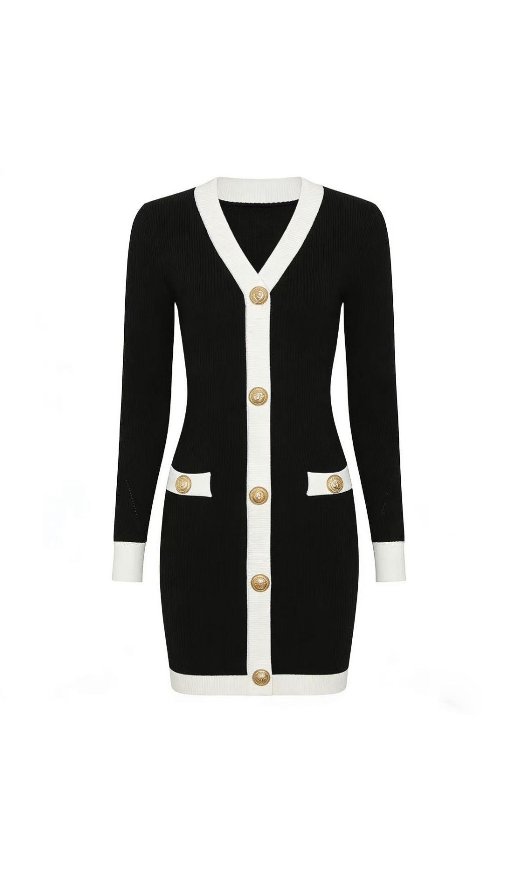 Kavita Chic Ribbed Knit Mini Dress with Gold Buttons & Contrast Trim