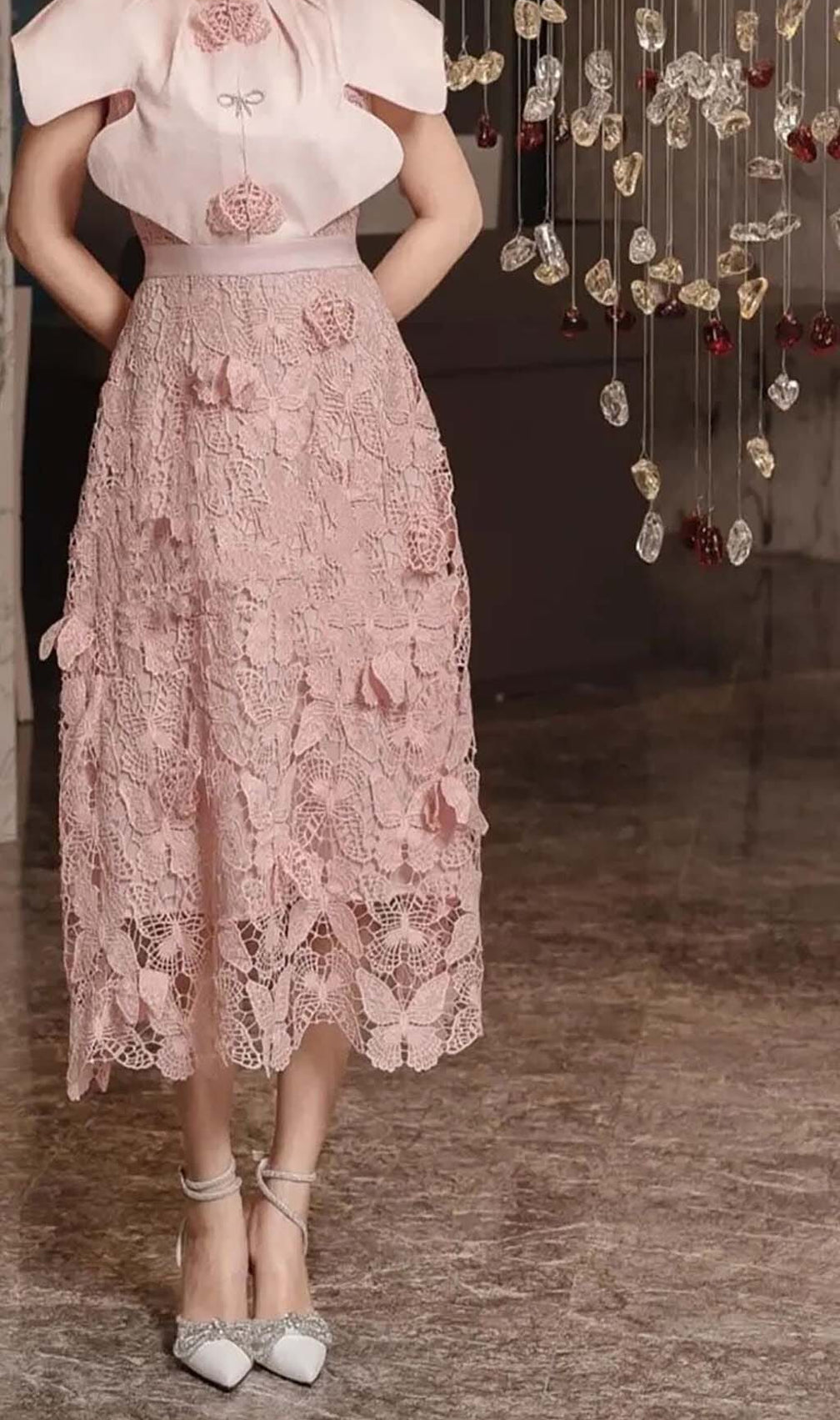 Butterfly Embroidery Cloak Sleeve Midi Dress In Pink