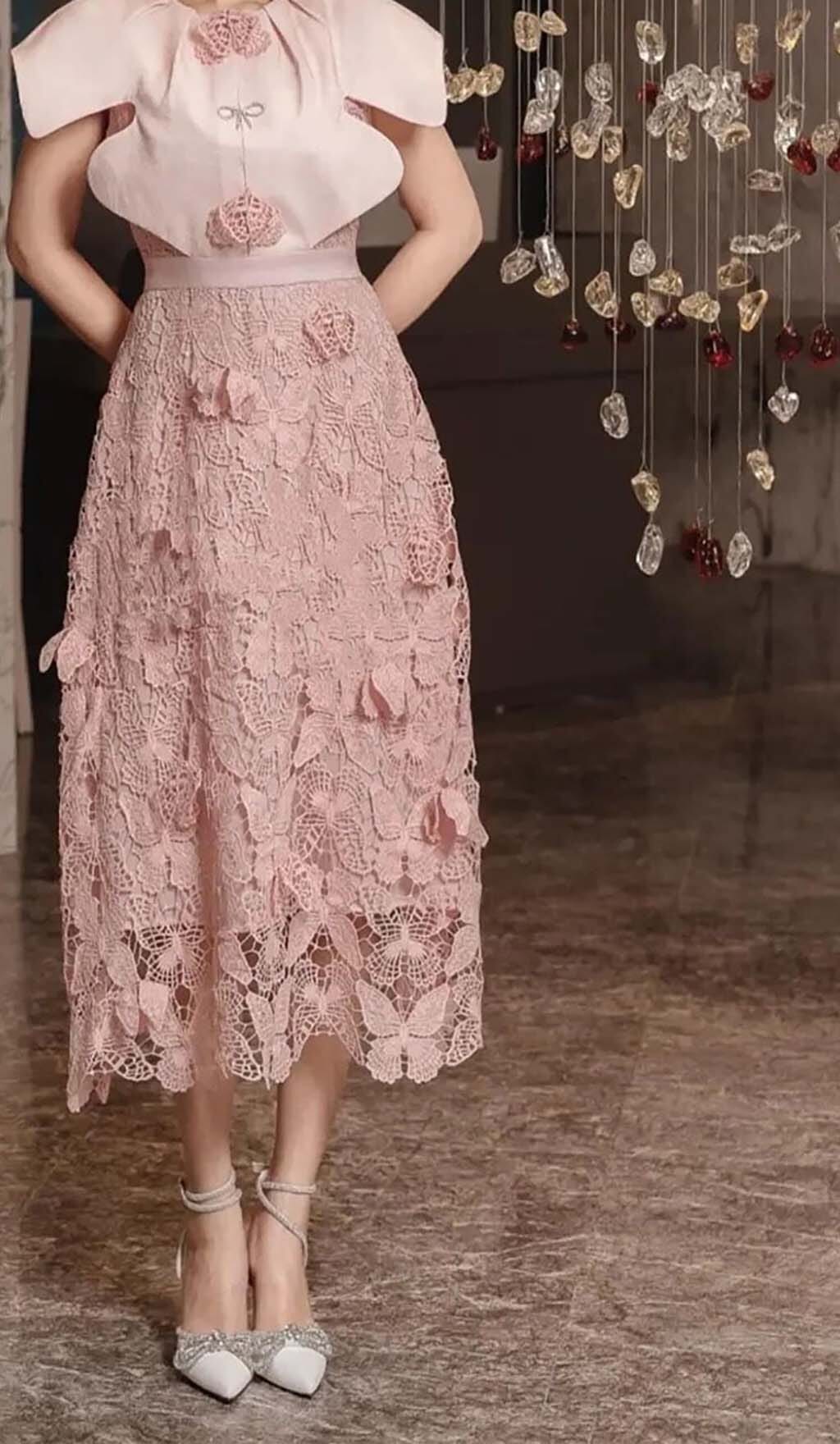 Butterfly Embroidery Cloak Sleeve Midi Dress In Pink