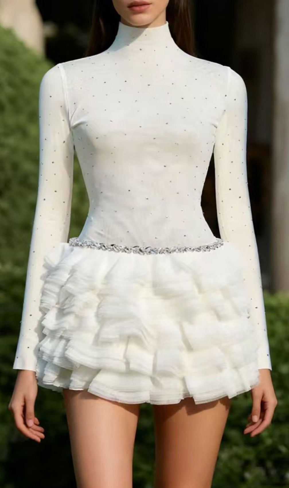 Jazelle White Sparkling Ruffle Mini Dress - Long Sleeve Glamour