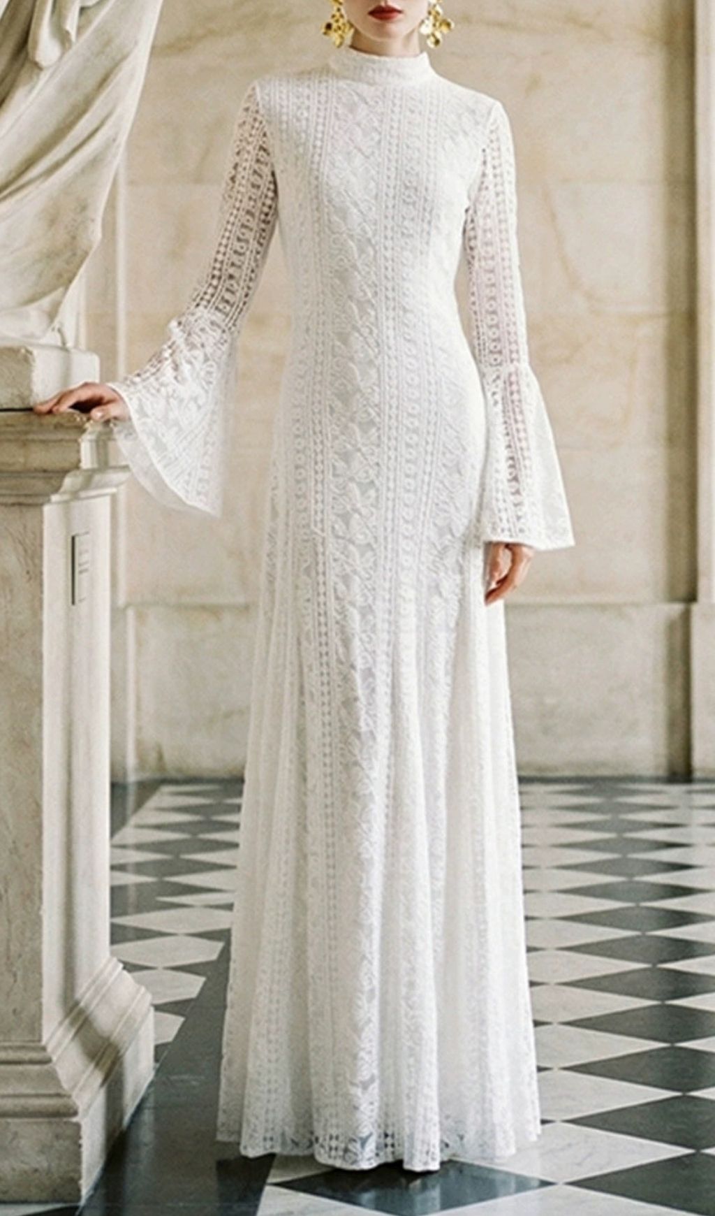 Kiyoko White Flared Long Sleeve Lace Maxi Dress