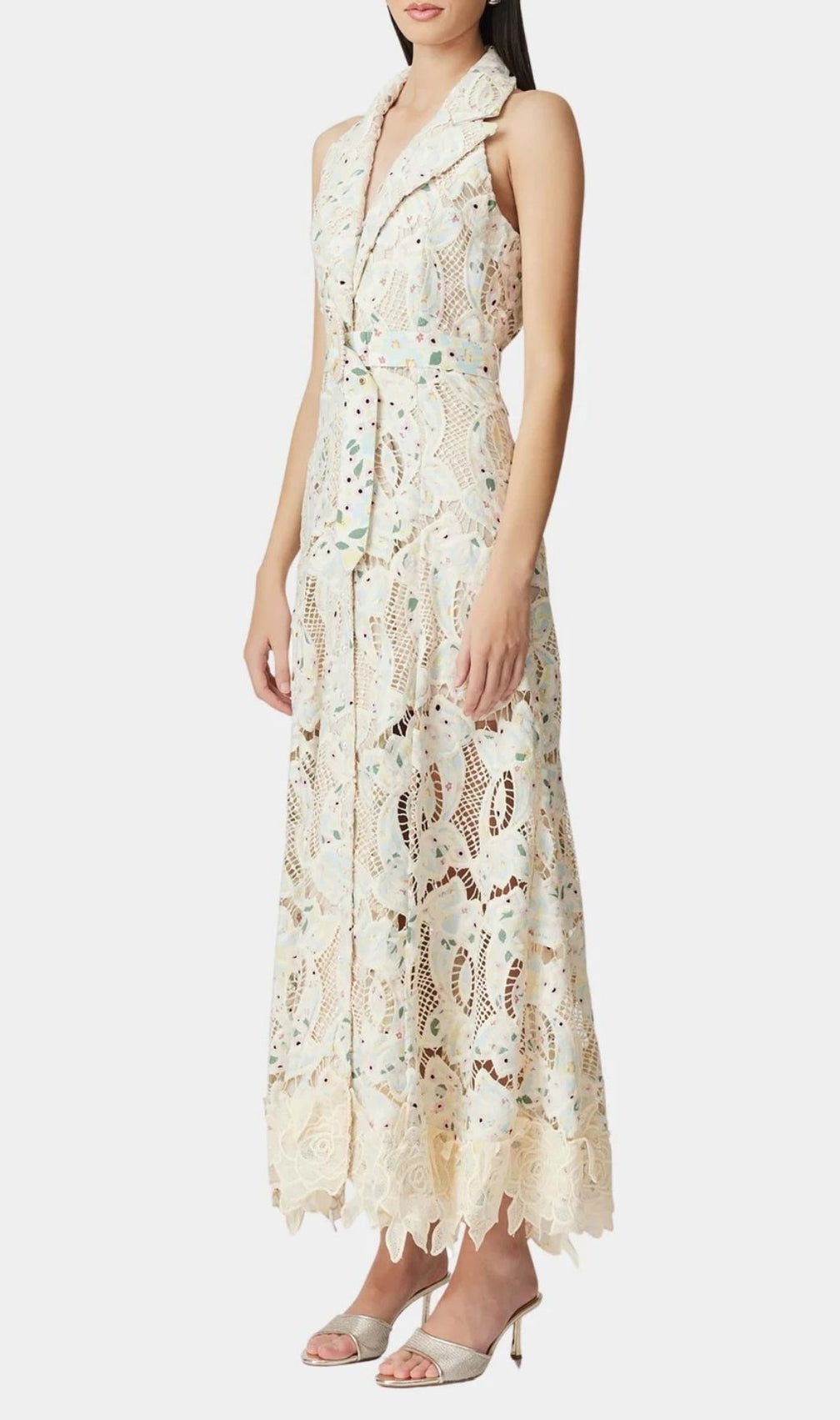 Chic Chloe Sleeveless Floral Lace Maxi Dress with Belt