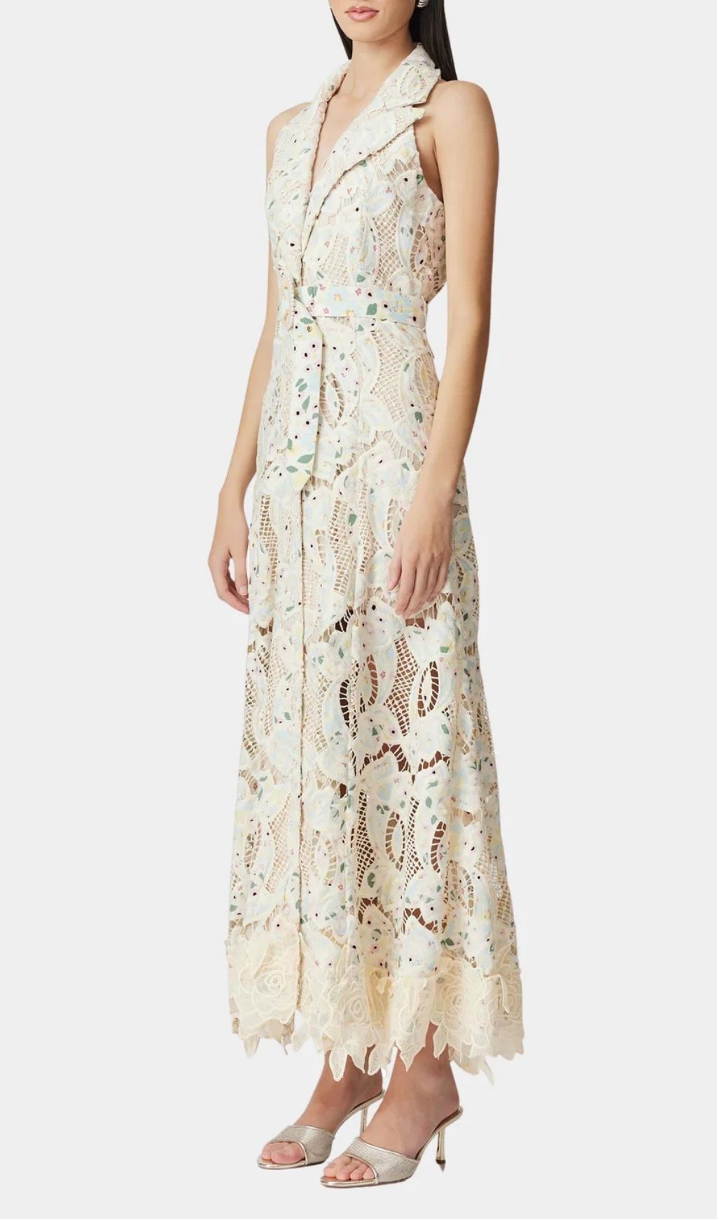 Chic Chloe Sleeveless Floral Lace Maxi Dress with Belt