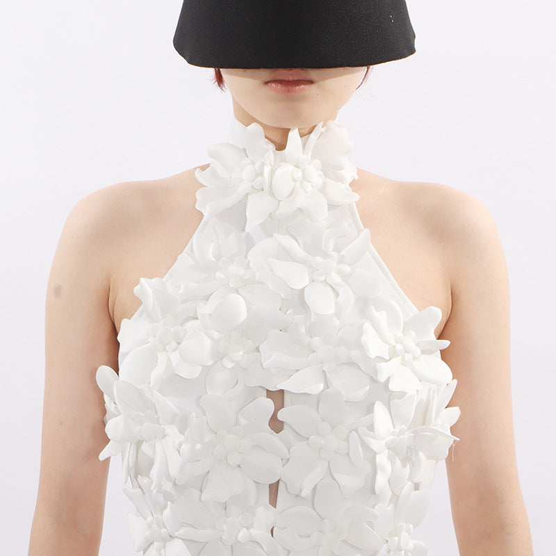 Jezel White 3D Floral Halter Maxi Dress - Elegant Wedding Guest & Gala Gown