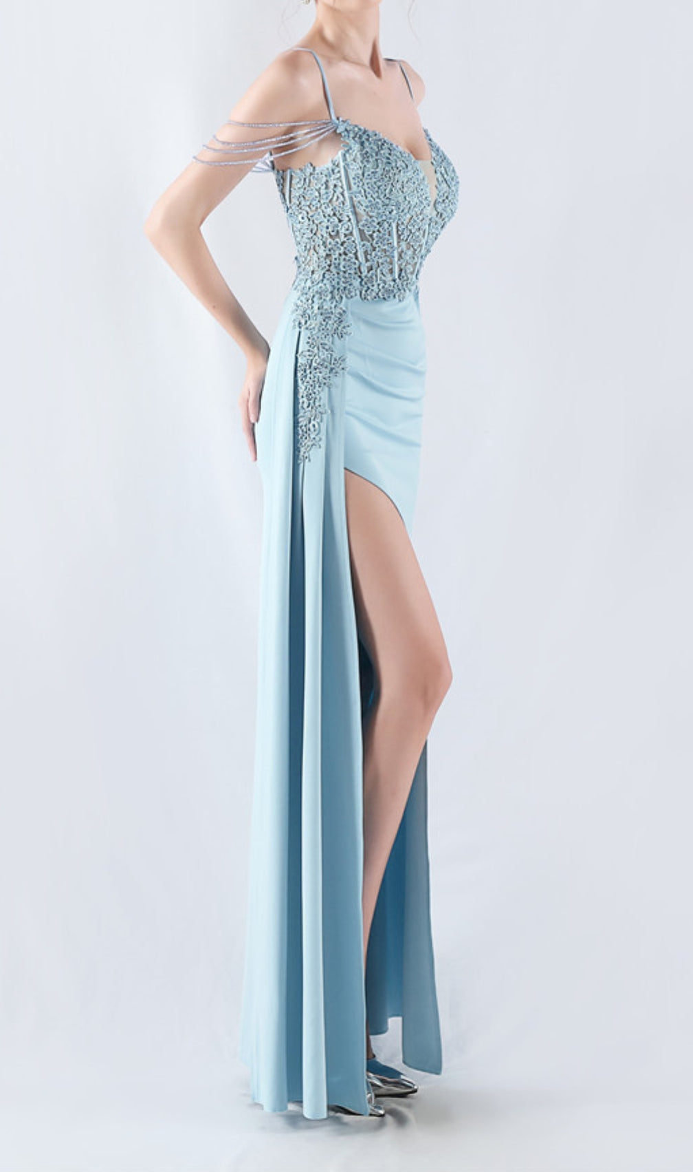 Chofa Blue Flower Bead Corset Maxi Dress