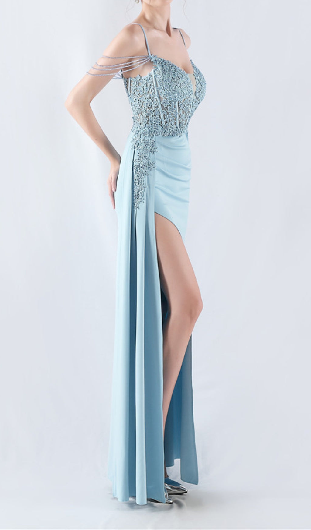 Chofa Blue Flower Bead Corset Maxi Dress