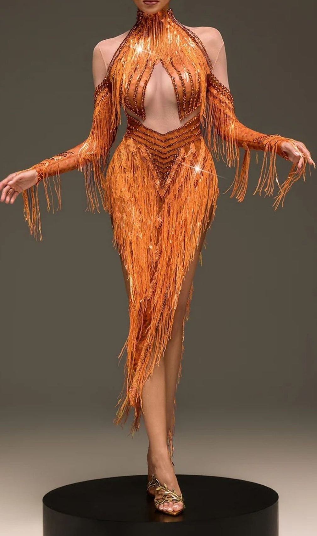 Ervanel Dazzling Fringe Sequin Gown with High Slit | Statement Party Dress