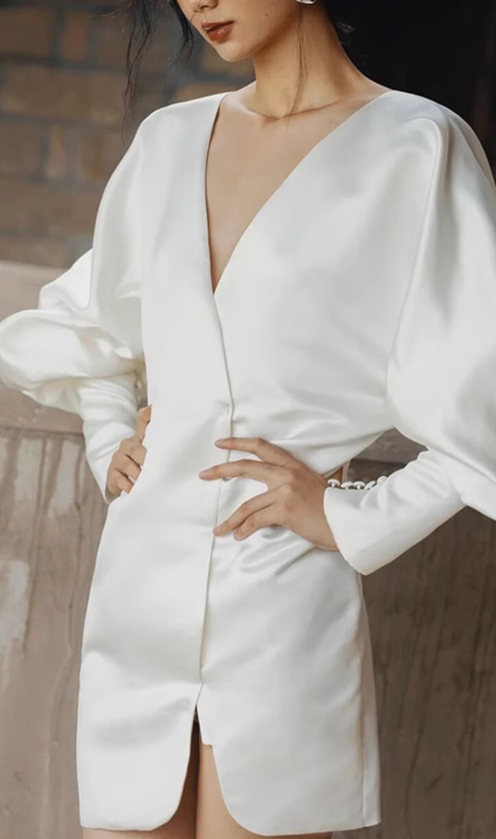 Coletta White V-Neck Long Sleeve Satin Mini Dress