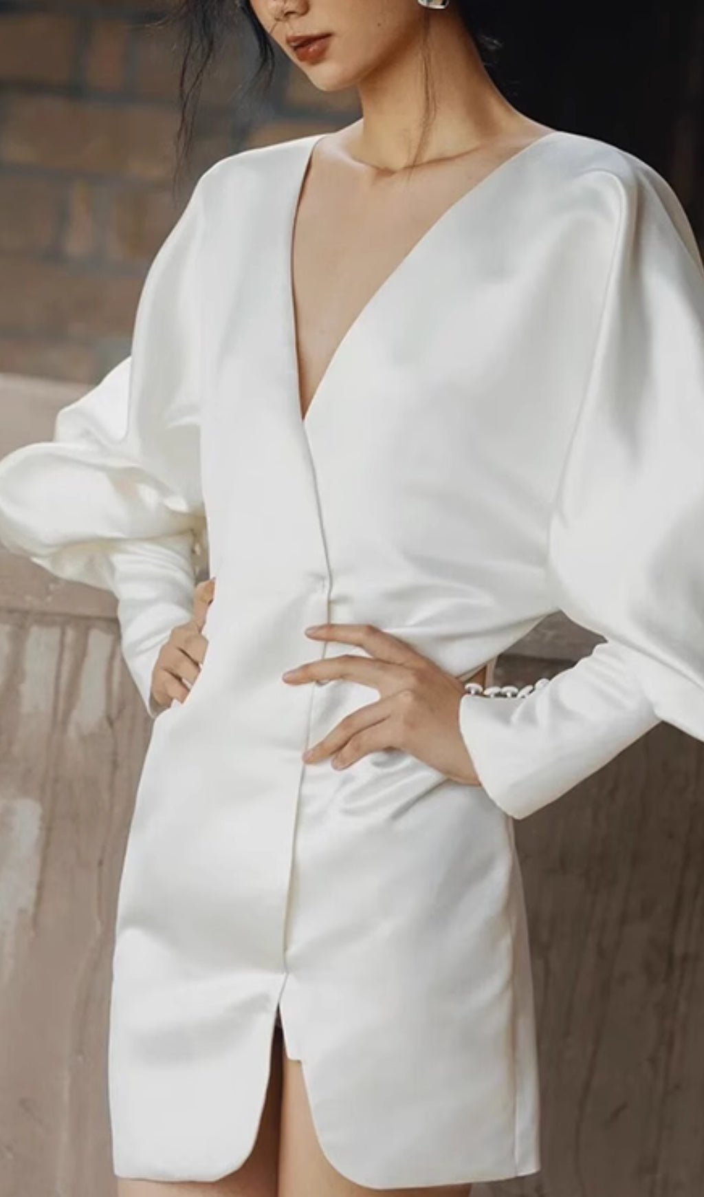 Coletta White V-Neck Long Sleeve Satin Mini Dress