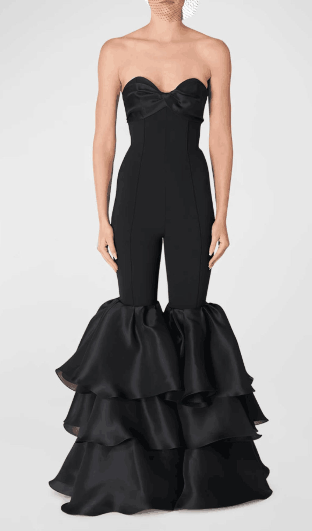 Black Strapless Jumpsuit With Tiered Ruffle Hem