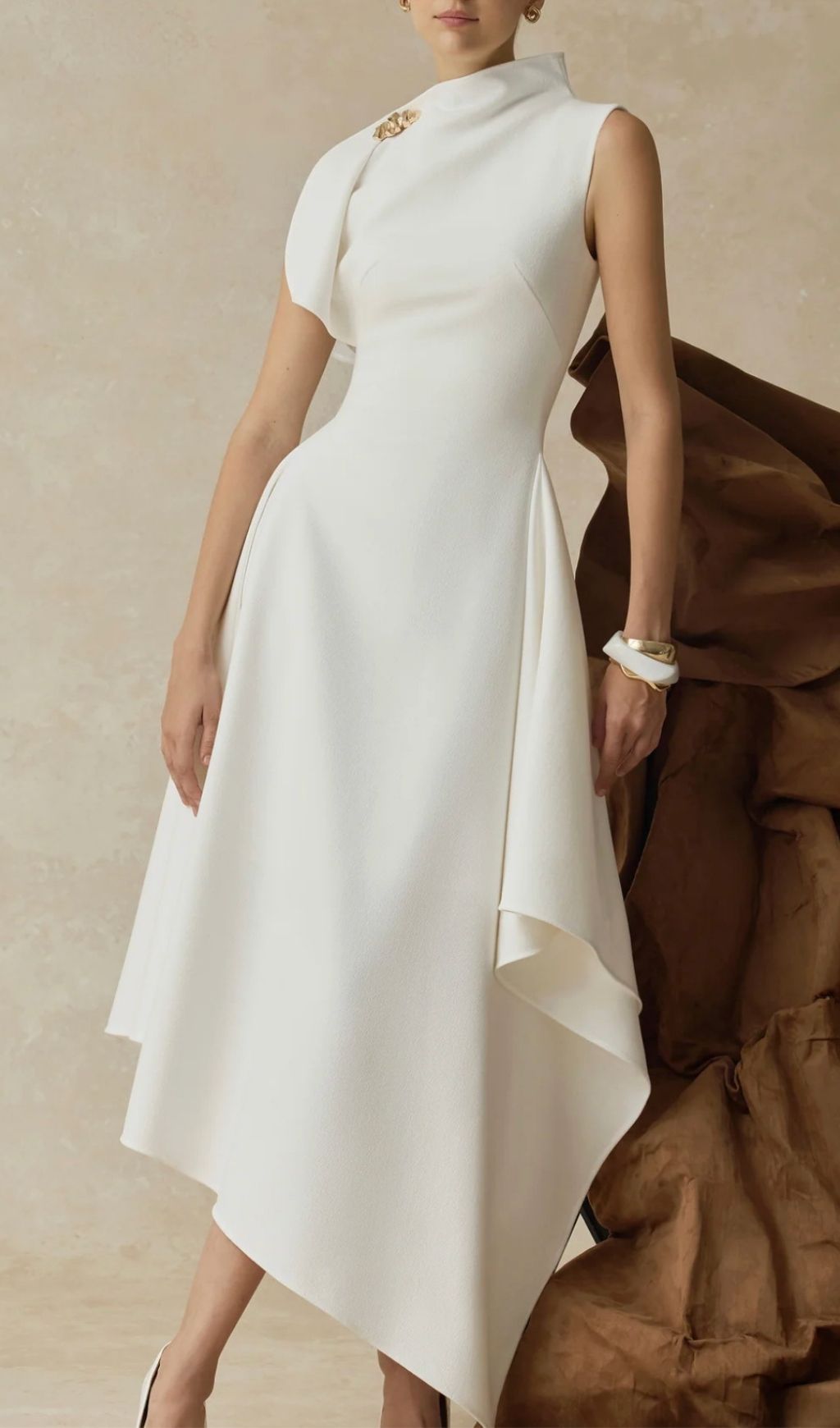 Kessie Chic White Asymmetrical Hem High-Neck Maxi Dress with Draped Shoulder
