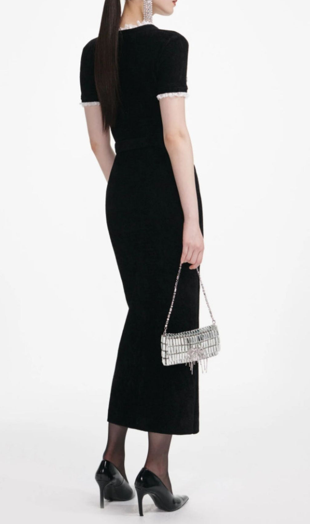 Karolyn Elegant Black Knit Midi Dress | White Lace Trim & Crystal Accents