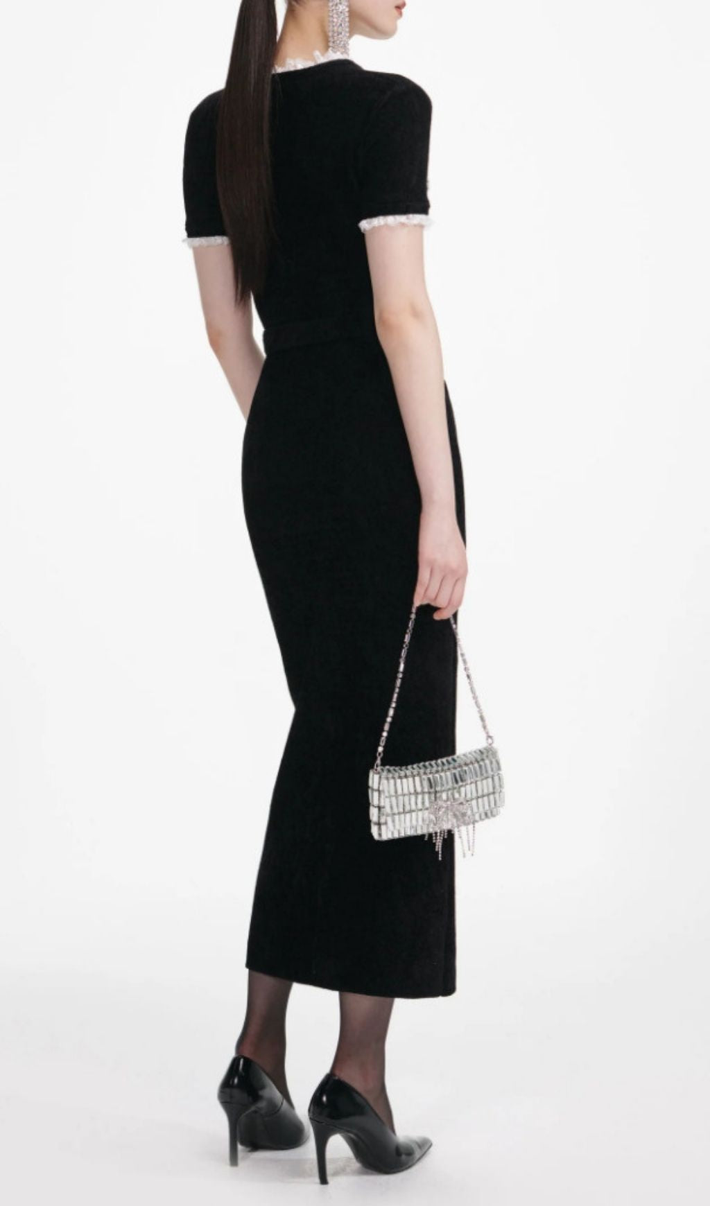 Karolyn Elegant Black Knit Midi Dress | White Lace Trim & Crystal Accents