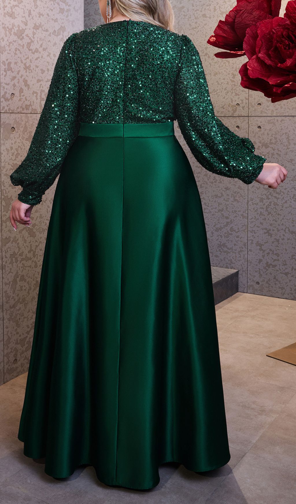 Hendrika Dazzling Emerald Green Sequin Plus Size Maxi Dress with Long Sleeves
