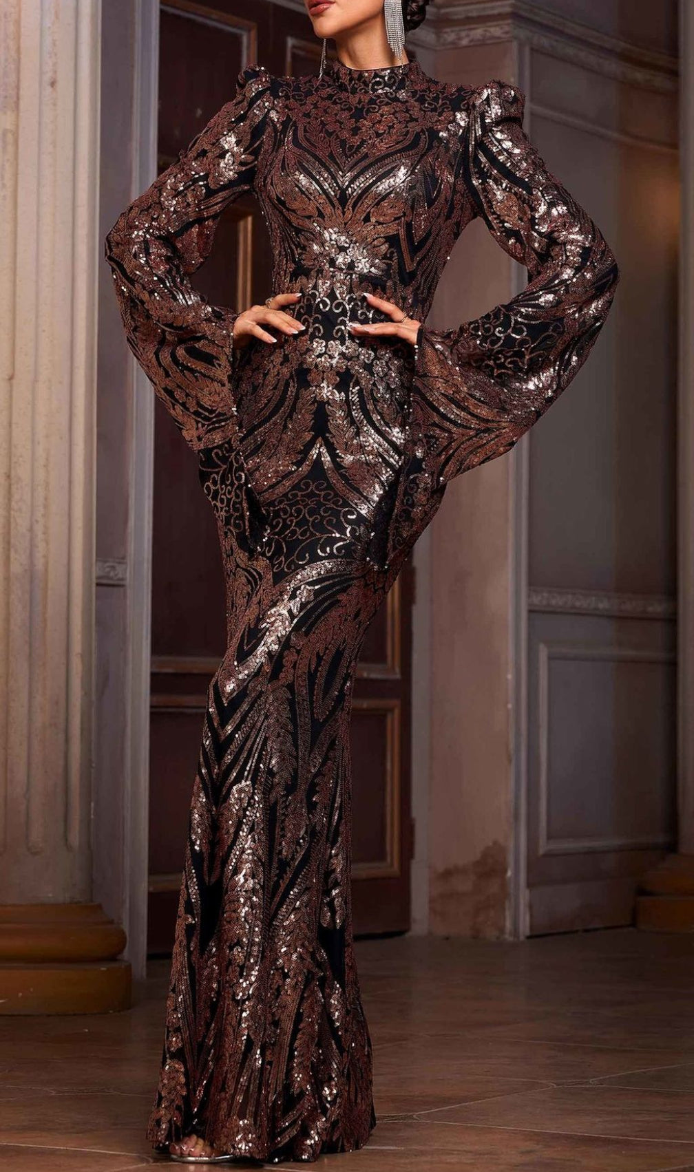 Iben Dazzling Sequin Maxi Dress | Long Sleeve Black & Rose Gold Evening Gown
