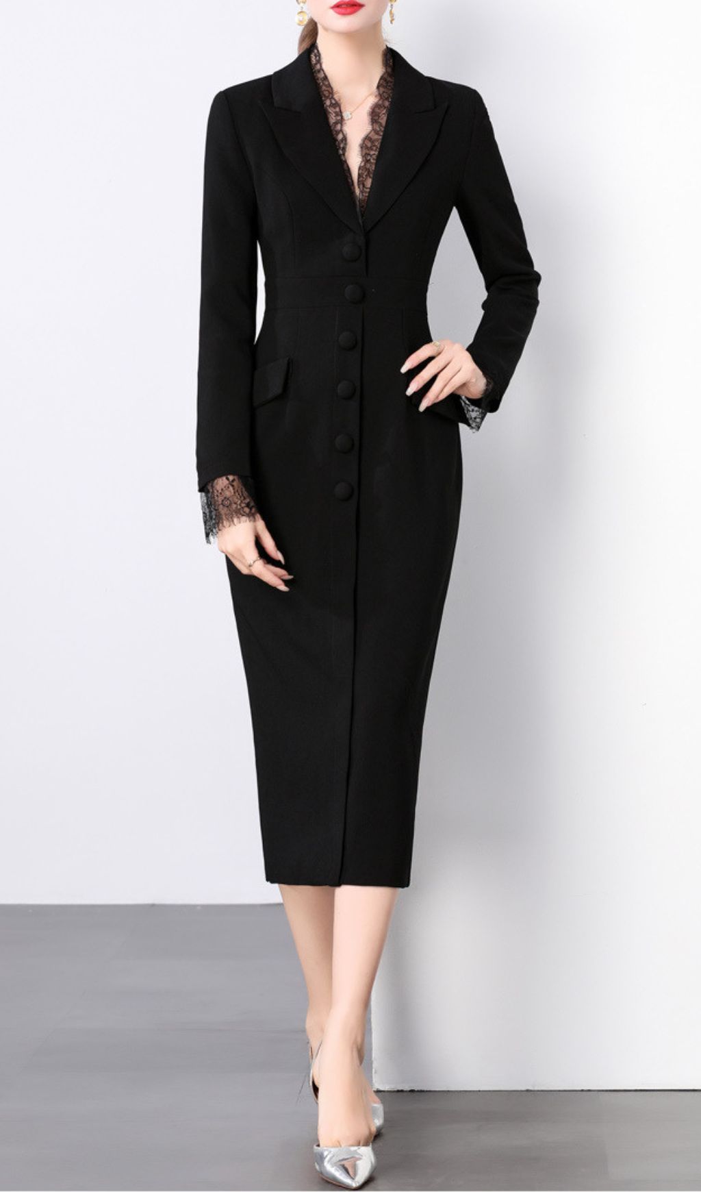 Chic Long Sleeve Blazer Midi Dress with Delicate Lace Trim
