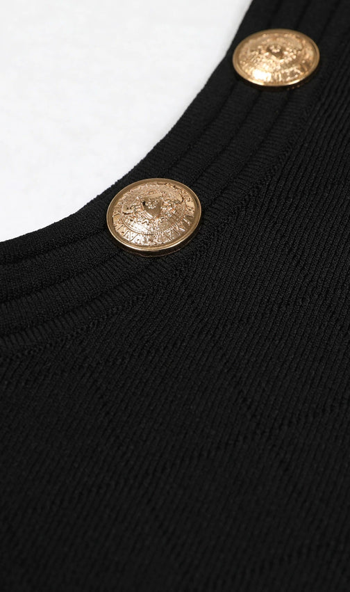 Kimber Chic Black Halter Knit Mini Dress | Gold Button Detail