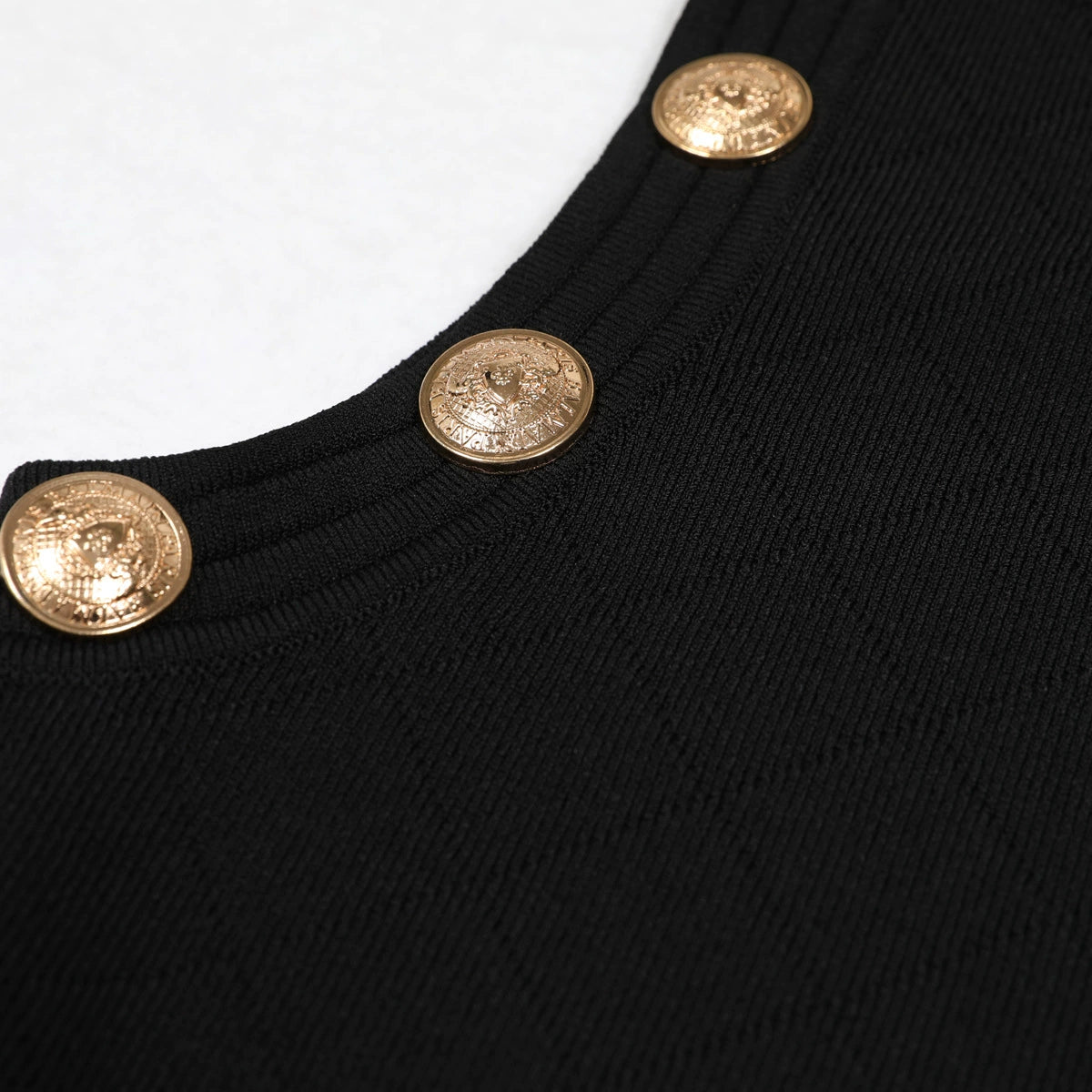 Kimber Chic Black Halter Knit Mini Dress | Gold Button Detail