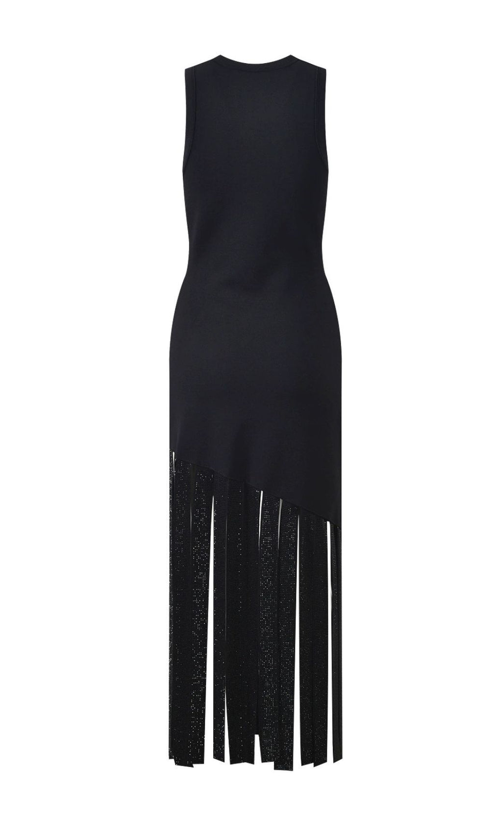 Glamorous Black Sleeveless Maxi Dress with Rhinestone Fringe Hem