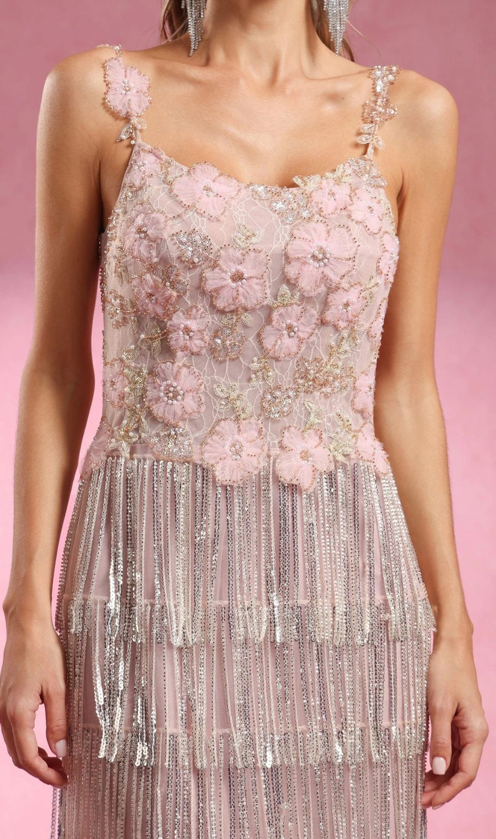 Katrice Floral & Sequin Fringe Maxi Dress - Strappy Boho Glam Gown
