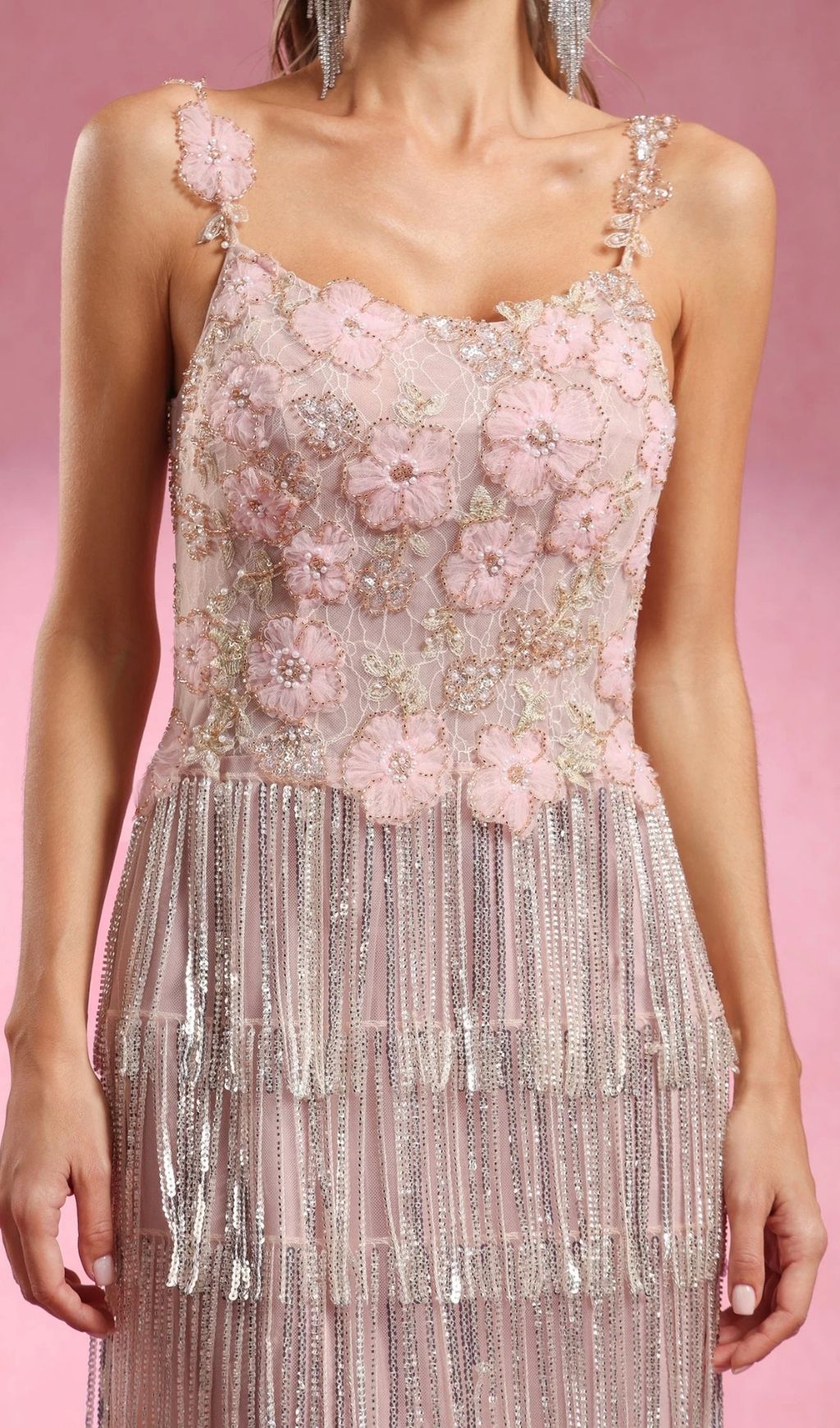 Katrice Floral & Sequin Fringe Maxi Dress - Strappy Boho Glam Gown