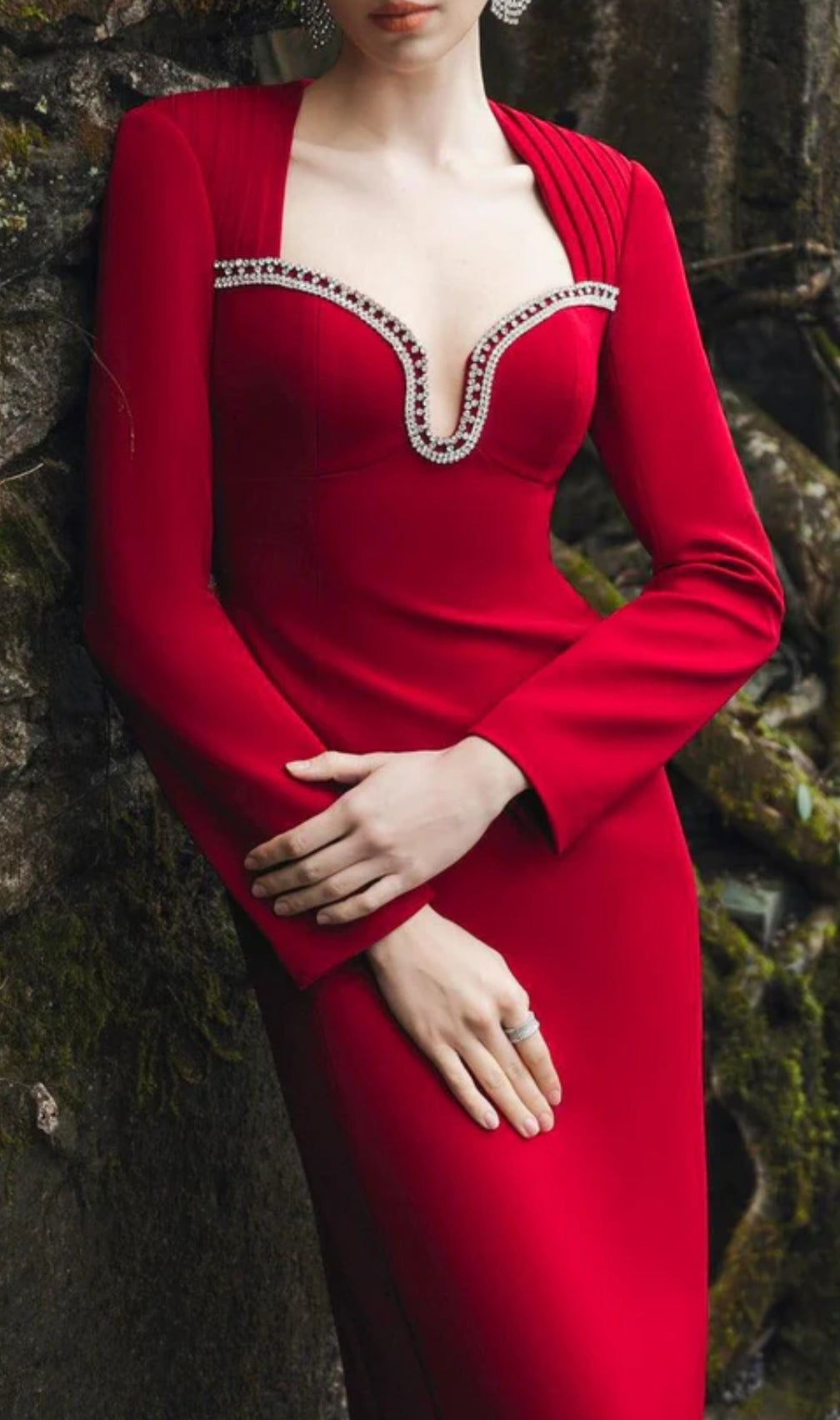 Elle Red Diamond Long Sleeve Bandage Maxi Dress
