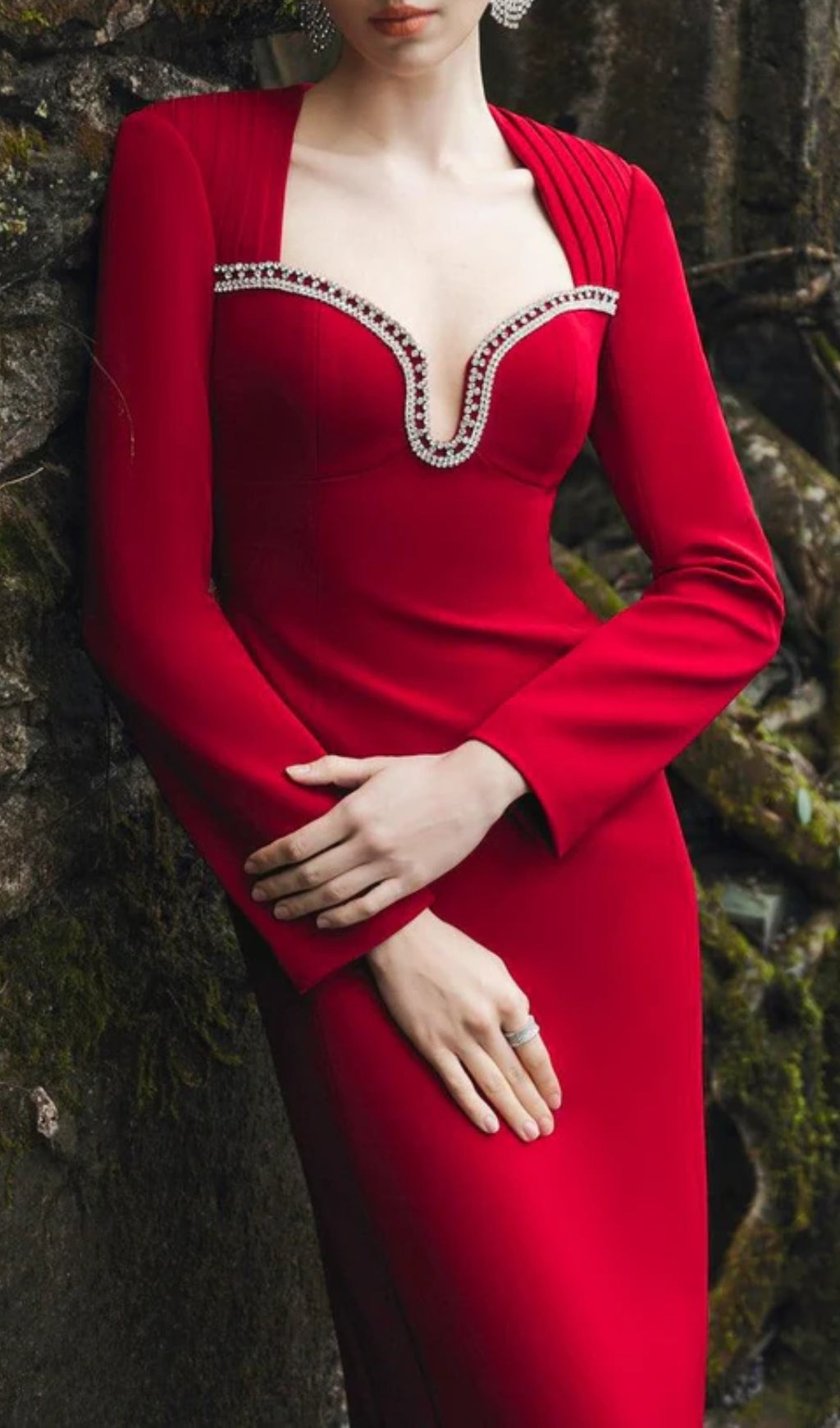 Elle Red Diamond Long Sleeve Bandage Maxi Dress